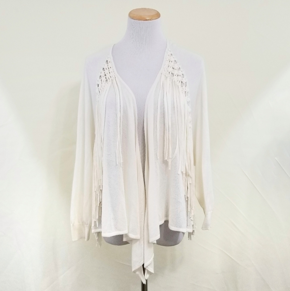 Rebecca Taylor fringe cardigan ivory white waterfall sweater women's medium EUC